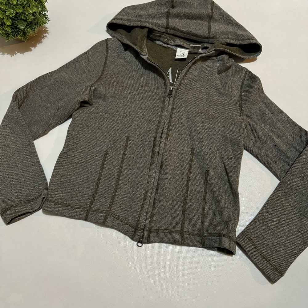 Armani Exchange Y2K Olive Green Ribbed Hooded Full Zip Jacket Women’s Size Small